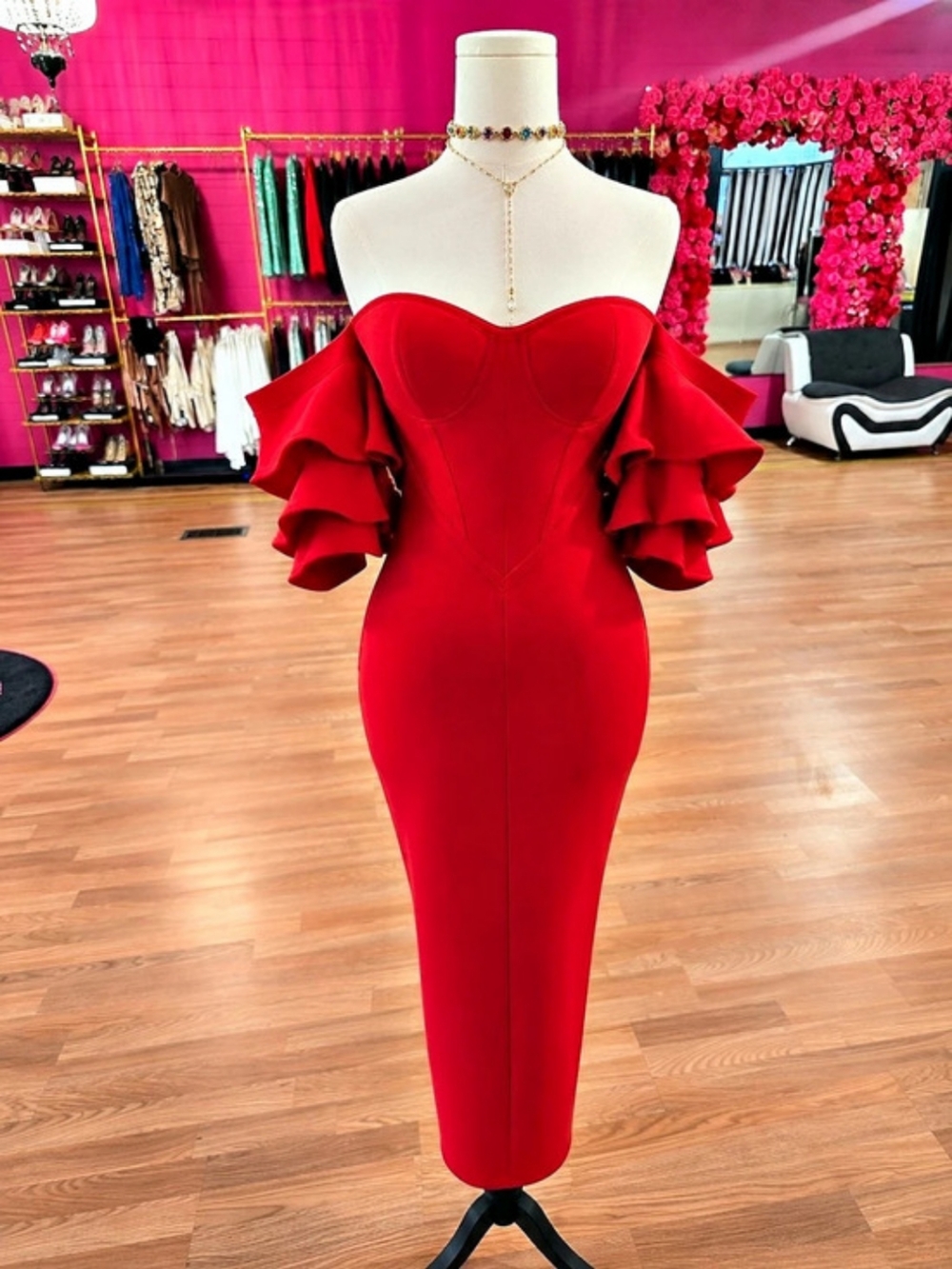 F & P Rouge Strapless Ruffle Midi Dress in Red Size Medium NWT